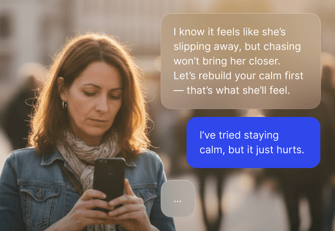 Woman walking with phone, chat bubble overlays