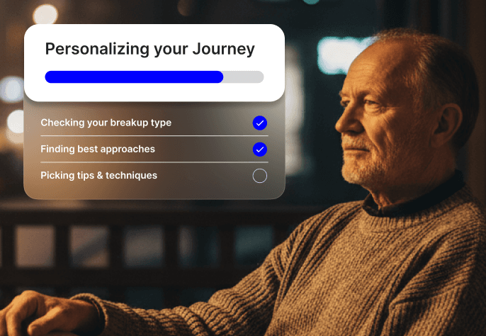 Older man reflecting, with a personalizing-your-journey app card