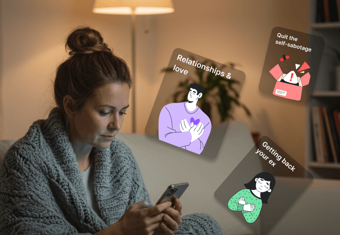 Woman on couch with phone, learning content cards floating around